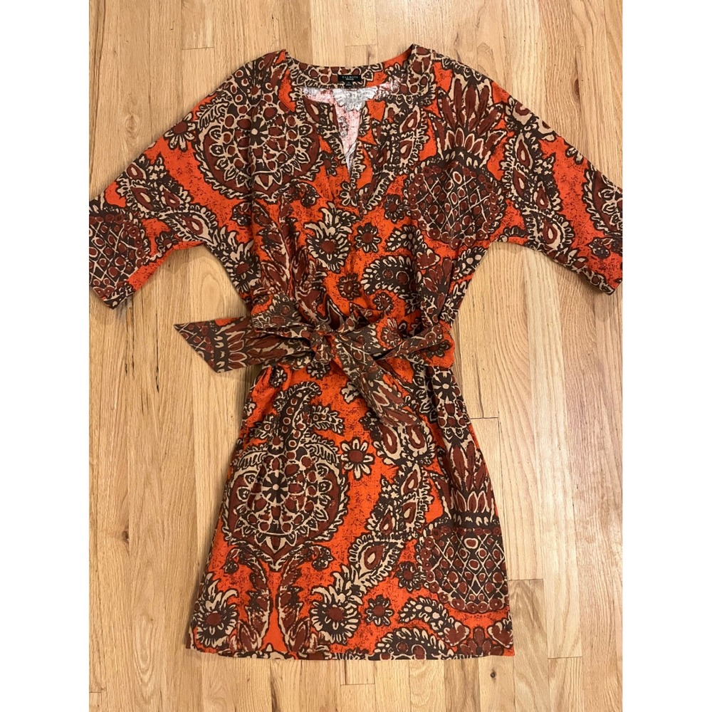 Talbots Orange Brown Paisley Pineapple Linen Blend Belted Shift Dress Size 12